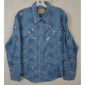 Scully Embroidered Denim Western Shirt Womens XL Pearl Snap Blue Horseshoes Rose